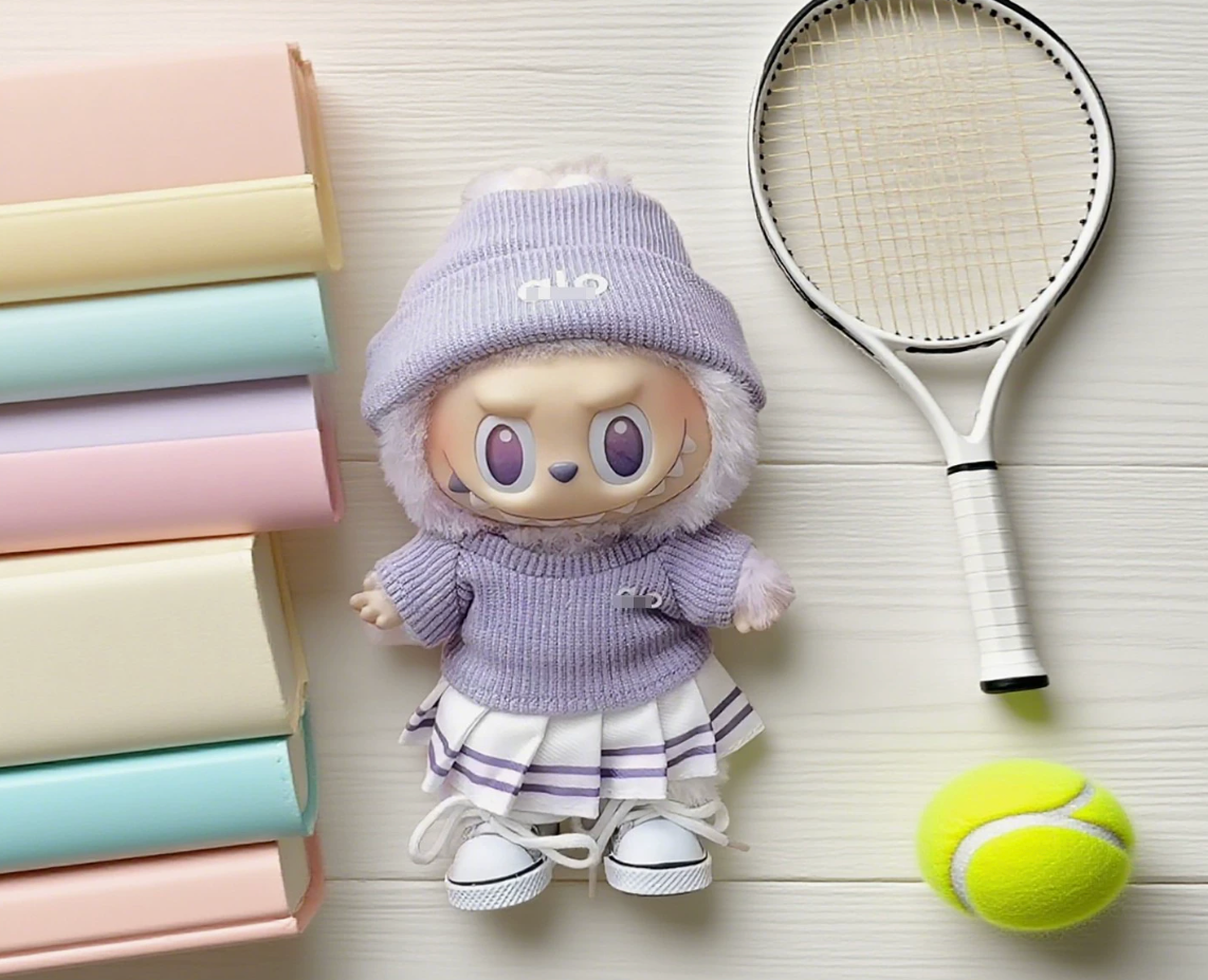 Labubu Cozy Outfit Set | Cute Knit Sweater Doll Clothes (Beanie + Skirt + Shoes)